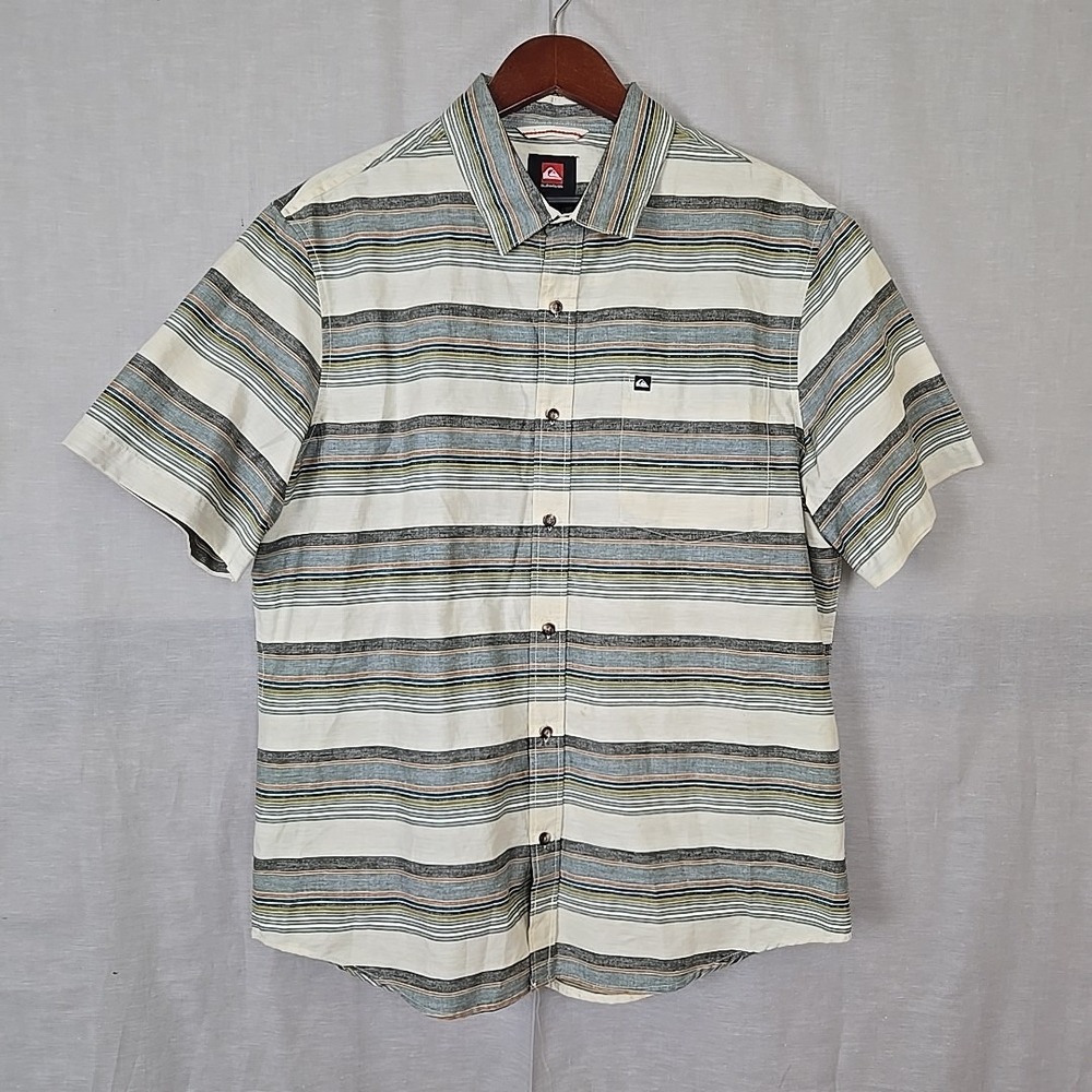 Quiksilver Mens Short Sleeve Button Down Shirt Striped Cream‎ Grey XL